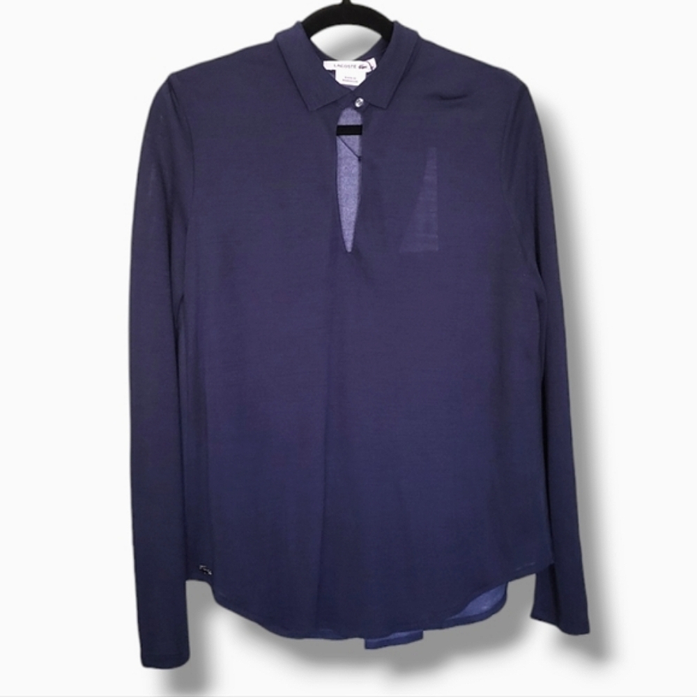 NWT LACOSTE Navy Blue Wool-Blend One-Button Long-Sleeve Top with Collar